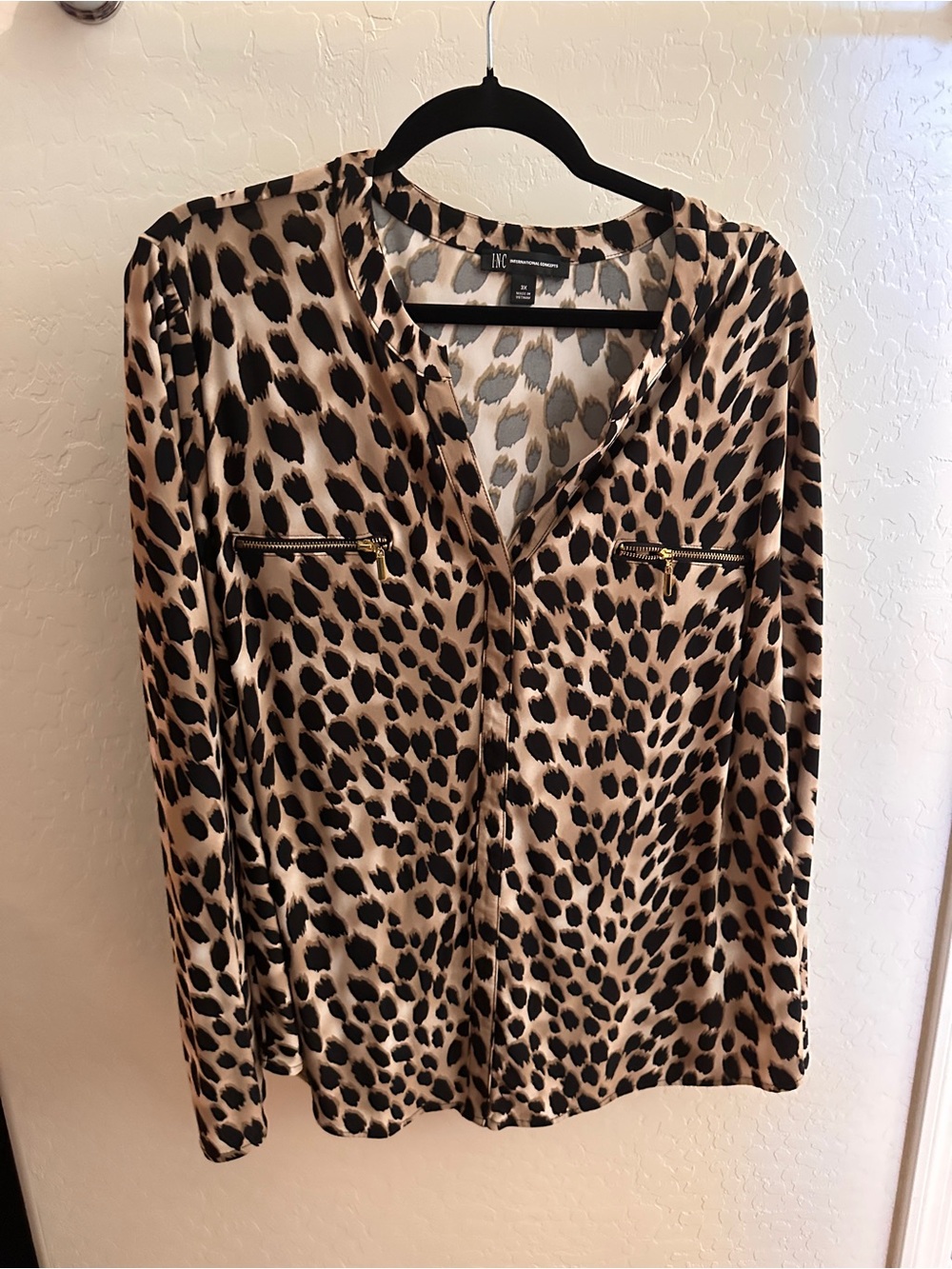 INC International Concepts Leopard Print Zip-Pocket Blouse - Tan & Black